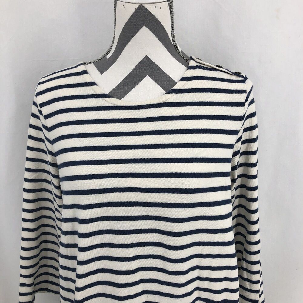 Madewell Navy White Striped Knit 3/4 Sleeve Dress Button Shoulder Large FFF3